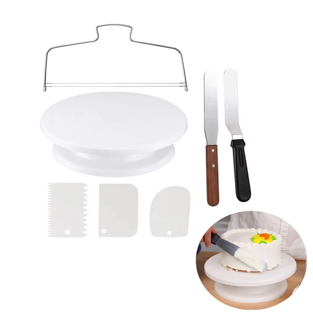 1/7pcs Cake Turntable With 2 Frosting Straight Angled Spatula 3 Icing Smoother Scraper Decorating Kit Baking Accessories Tool