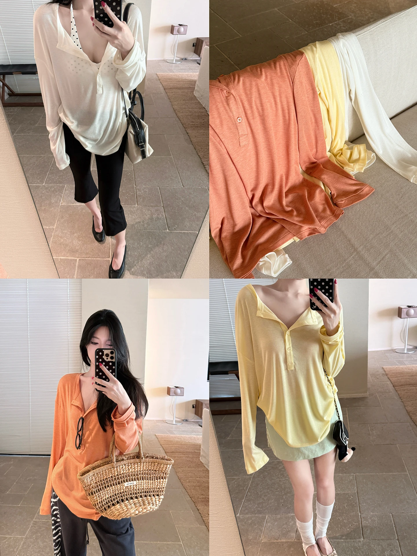 

Laareetoo Silk Long Sleeve Cover up Women's Summer Loose Slimming Thin Top Casual Style V-Neck T-Shirt Lightweight Comfortable