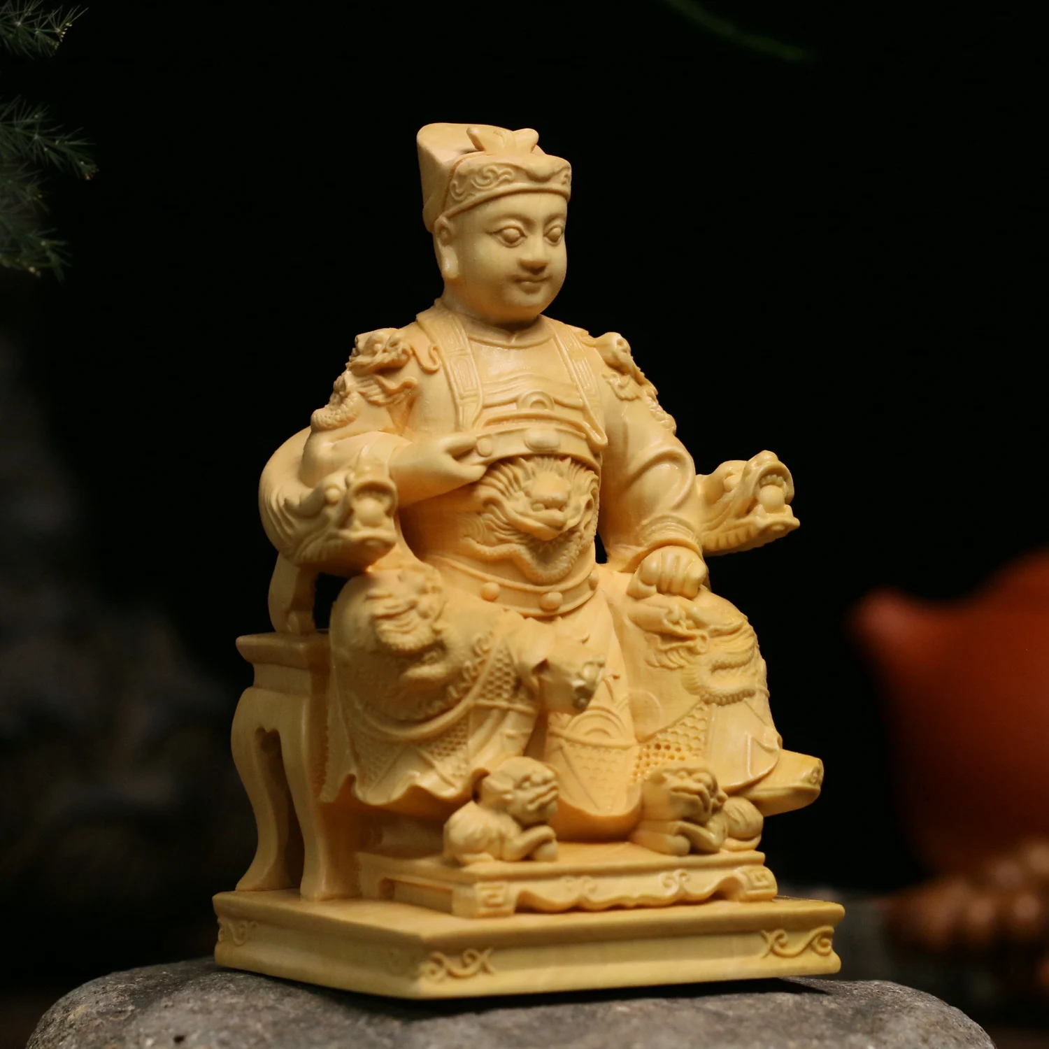 Hand Carved Boxwood Wooden Guo Sheng Wang Statue Figurine - Guang Ze Zun Wang Protector Deity Ornament Home Temple Altar Decor