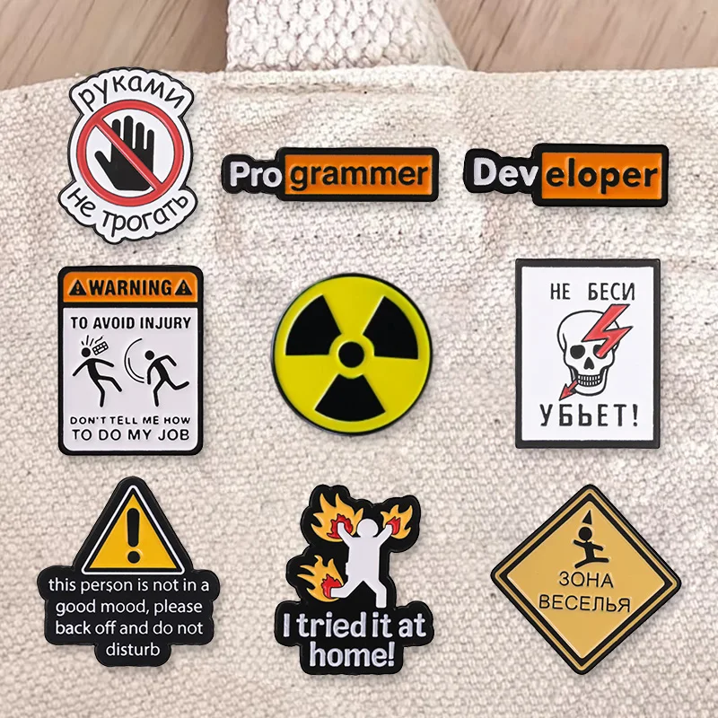 Retro Caution Notice Meme Enamel Badges Developer Russian Phrase Quote Pins Funny Warning Brooches Jewelry Gift For Friends