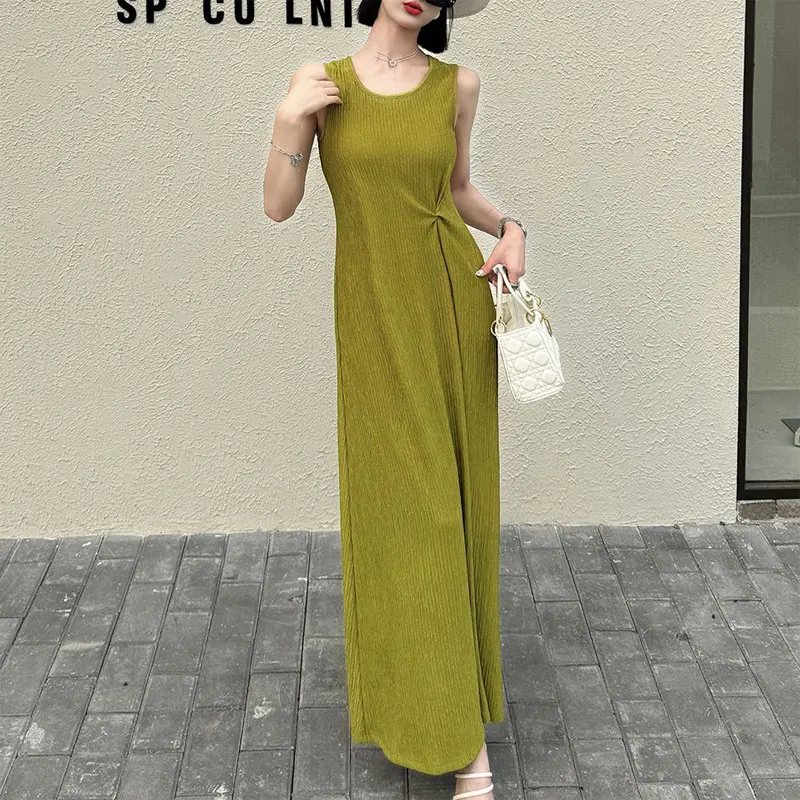 

Female Clothing Sleeveless Sundress Basic Solid Color Stylish Folds Summer New Elegant A-Line French Style Round Neck Long Dress