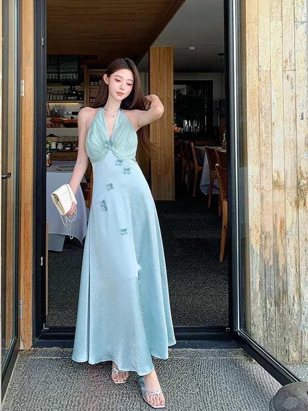 Niebieska satynowa suknia z dekoltem w serek, z wiązaniem w talii, długa, w stylu francuskim, idealna na letnie wakacje, plażowa, o kroju litery A, zapinana na zamek.