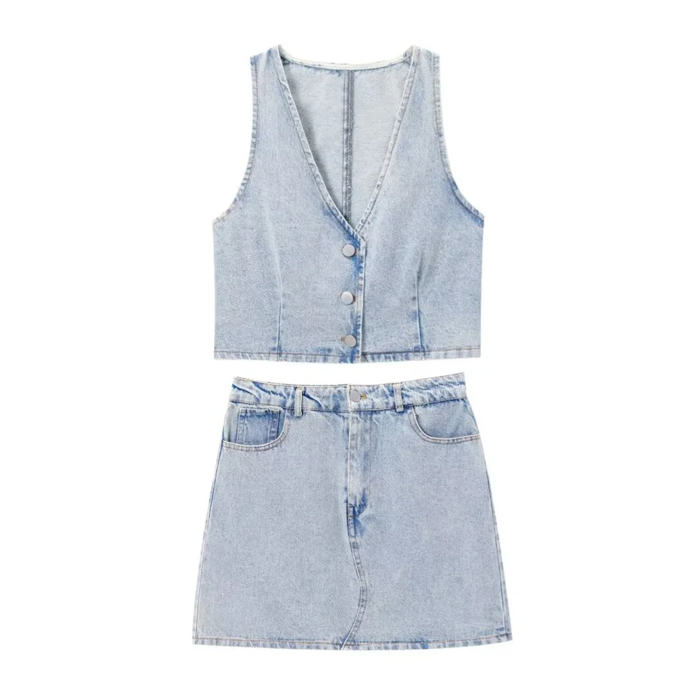 2024ZAR4 Summer New Women\'s European and American Short Fashion Denim Tank Top Vest Mini Short Skirt Set