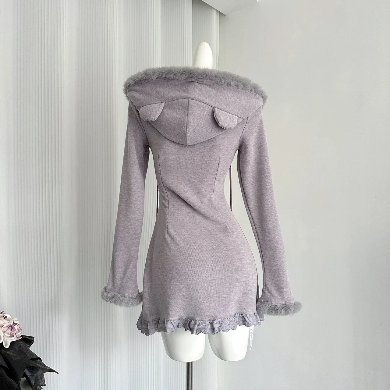 Lolita Girl orlo in pizzo pelliccia con cappuccio viola una linea mini abito da donna di grandi dimensioni nuova primavera autunno manica lunga moda abito corto sottile
