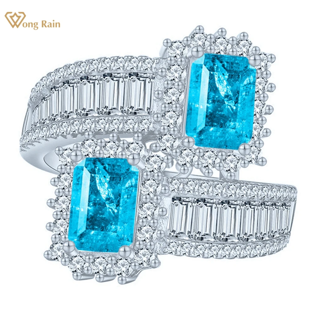 Wong Rain 925 Sterling Silver 3EX VVS1 Sparkling 5*7 MM Real Moissanite Paraiba Tourmaline Emerald Ring for Women Fine Jewelry