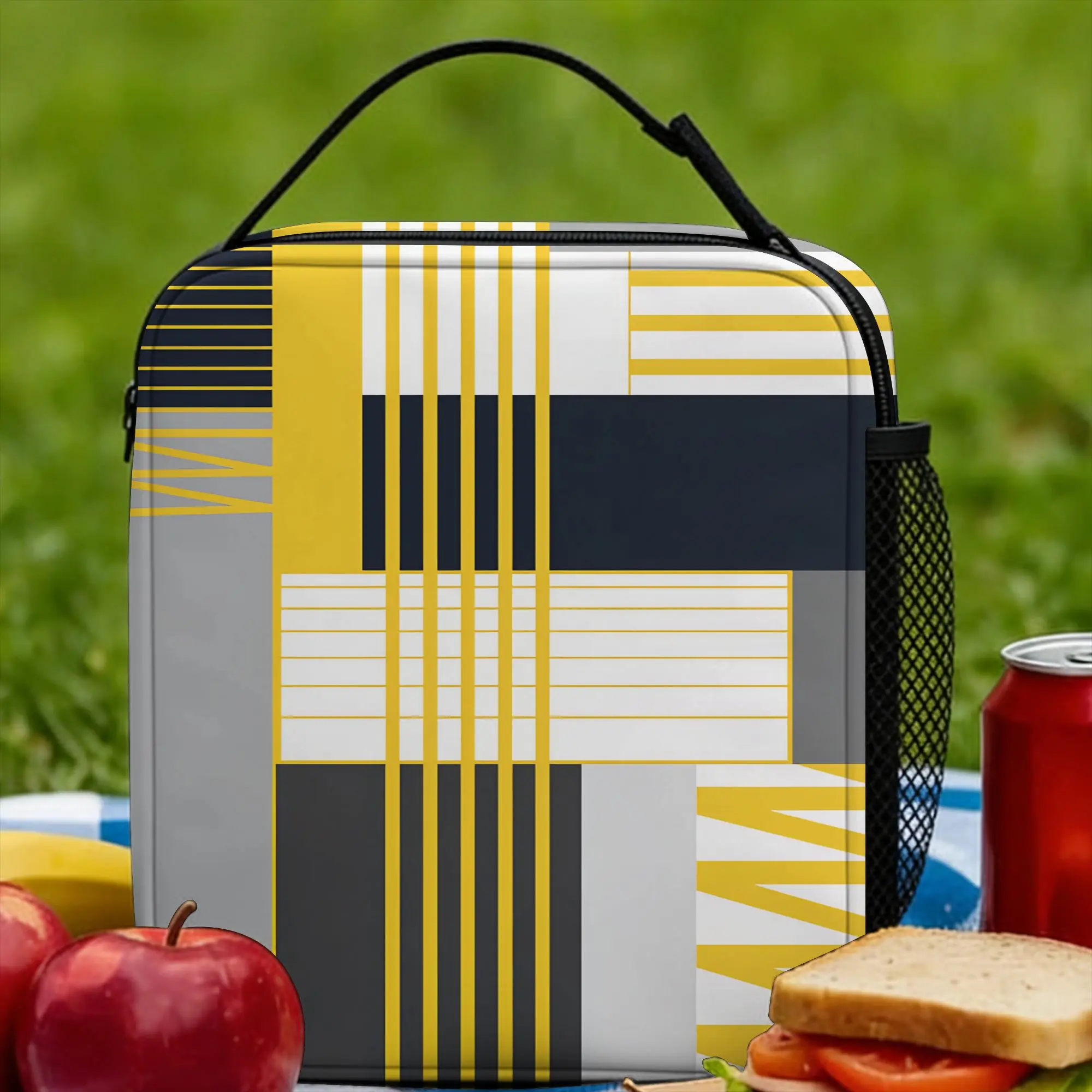 Yellow Grey Geometric Lunch Bag  Portable Lunch Box Women Picnic Print Cooler Bag Casual Oxford Thermal Lunch Bags
