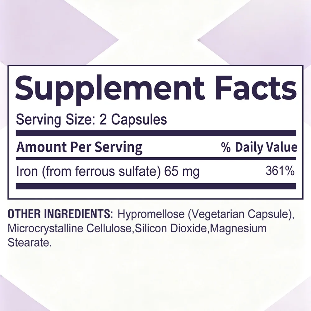 High Potency Iron Supplement - Iron 65 mg (from 325 mg Ferrous Sulfate), Non-GMO, Gluten Free, 120 Capsules