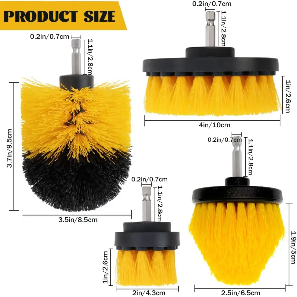 4 Piece Brush Attachment Cordless Screwdriver Yellow Drill Cleaning Kit for Cleaning Bathroom Bathtub Flooring Marble Ceramic