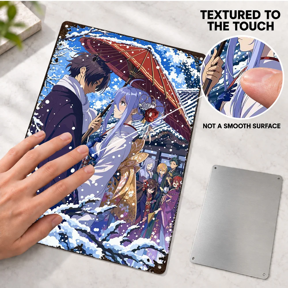 86 Anime Couple Under A Parasol In Snow Textured Metal Poster Customized Aluminum Sign Digital Painting Wall Art For Living Room