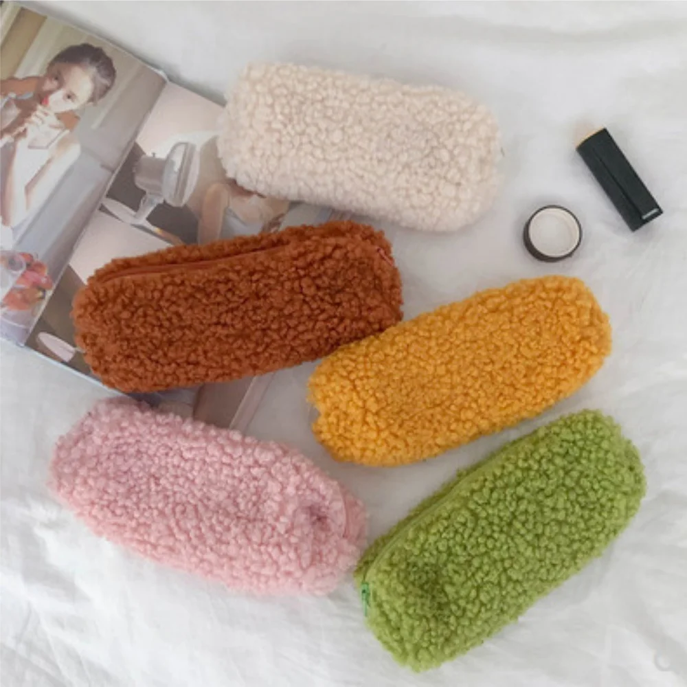 ISKYBOB Wool Cosmetic Bag Pencil Case Women Storage Cute Stationery Bag Large Capacity Travel Toiletry Bag Makeup Pouch Bag