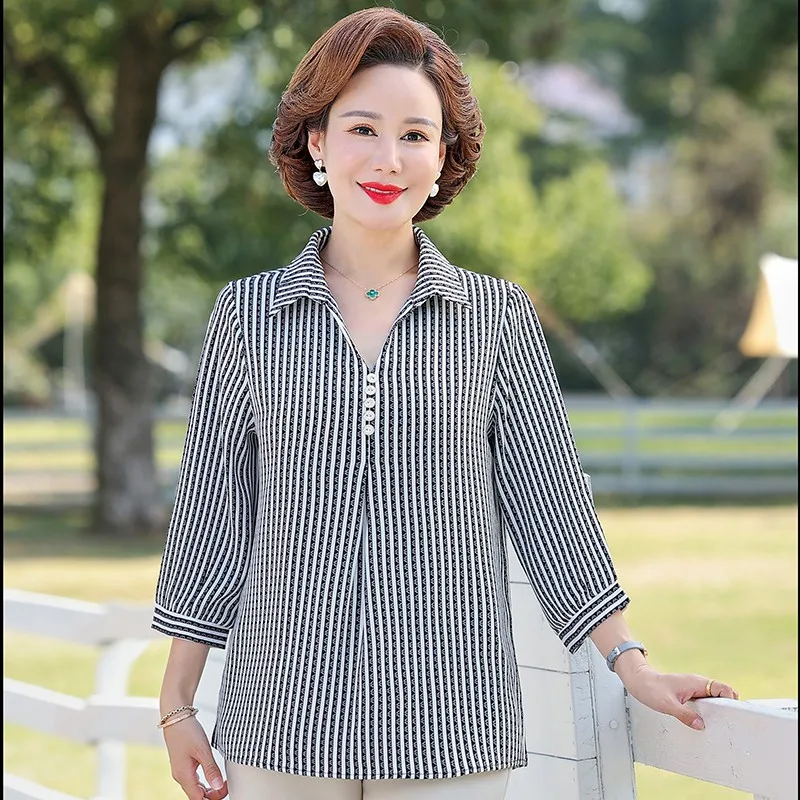 Female Clothing Fashion Turn-down Collar Striped Printed Blouse Korean Vintage Commute Casual Button Shirt Tops