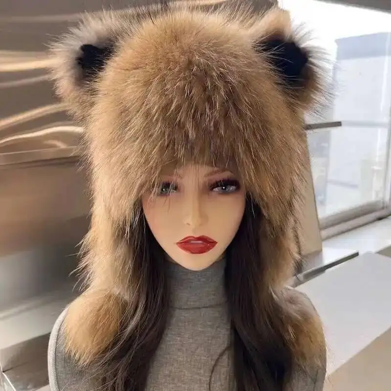 Cute Cat's Ears Raccoon Fur Hat Ear Protection Hat Lei Feng Hat Warm Thickened Fur Hat Outdoor Winter Skiing Cap Lady Fur Cap