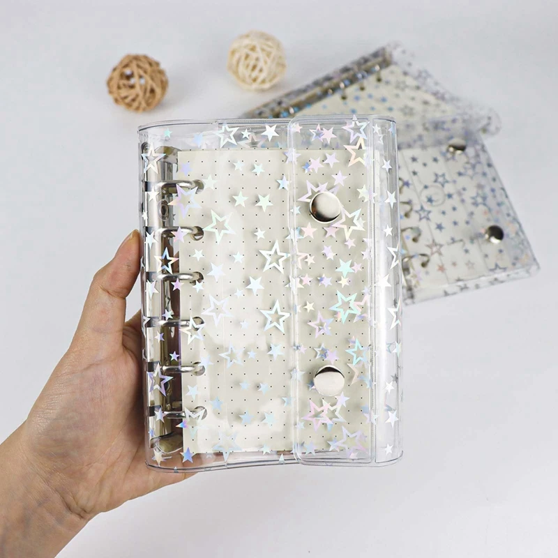 Budget Binder Cover Clear PVC 6 Ring Binder Glitter Star Refillable Notebook Shell Protector With 2 Snaps