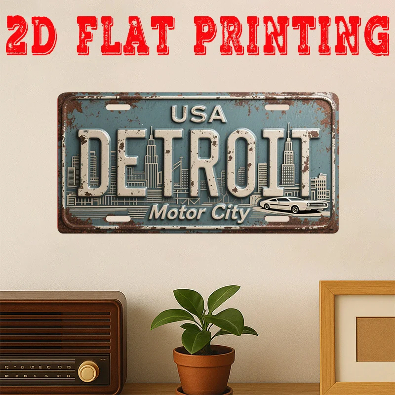2D Flat - 2D Printed Sign, 1pc, Vintage Metal Tin Sign, Detroit Motor City Sign, Retro Decor, Garage Decoration, Café Wall Ar