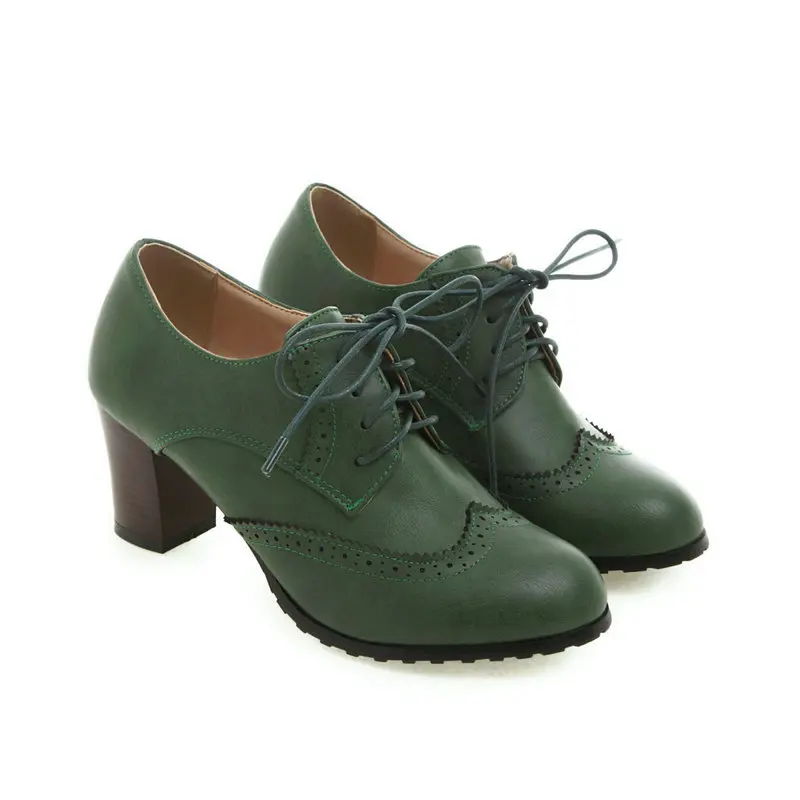 Women's Brown Brogue Oxfords | Block Heel Lace-Up, Retro Office Essential Fashion Footwear