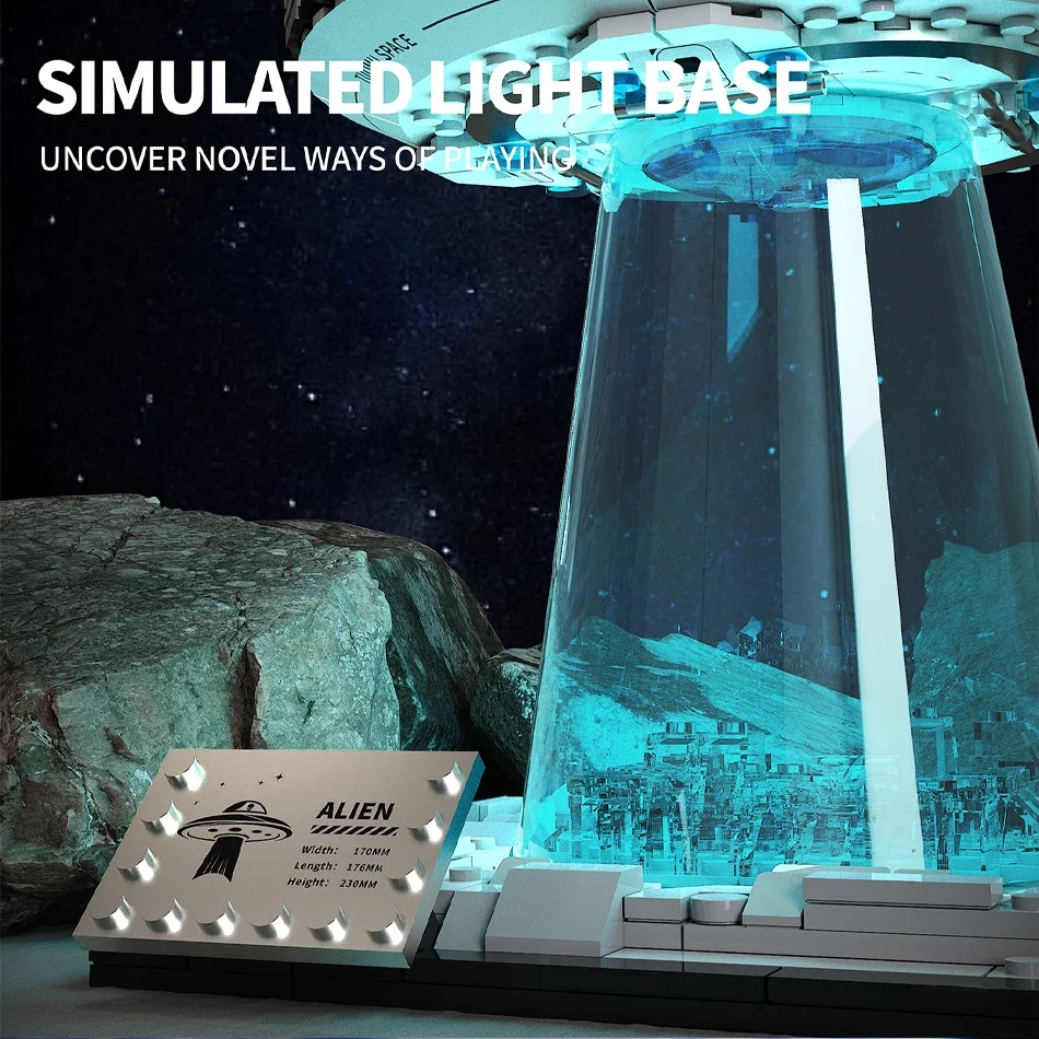Creative UFO Spaceship Technology Building Blocks With Night Light Spacecraft Alien Home Decor Model MOC Bricks Toys Boys Gift