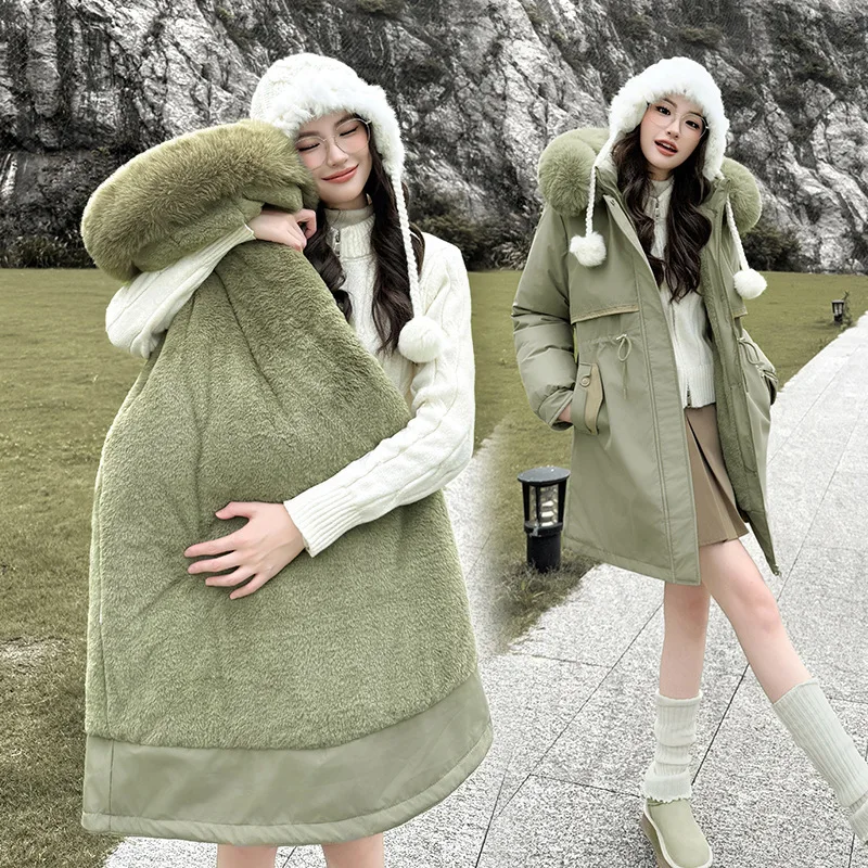 

Parkas Snowboard Womens Fall Retro-Style Diamond-Decorated Wool-Feel Full Plush Adults High-Street Spliced Heart Splicing Trendy