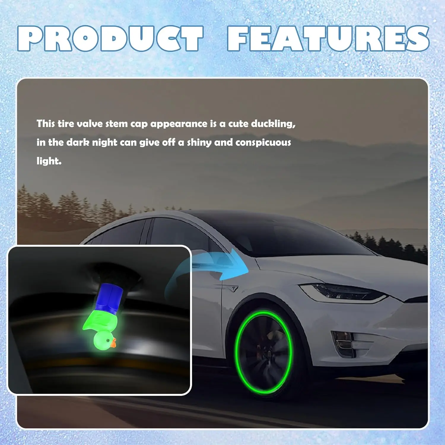 4PCS Auto Tire Valve Stem Caps,Glow in The Dark Cute Duck Valve Caps for Car Tires,Universal Car Tire Air Cap view 5