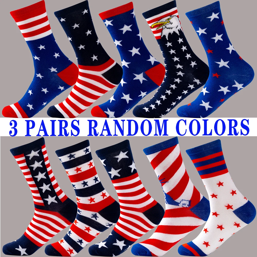 

3 Pairs Random Colors Fashion Women Socks Art Star-striped Independence Day Cotton Mid Tube Socks Breathable Casual Short Socks