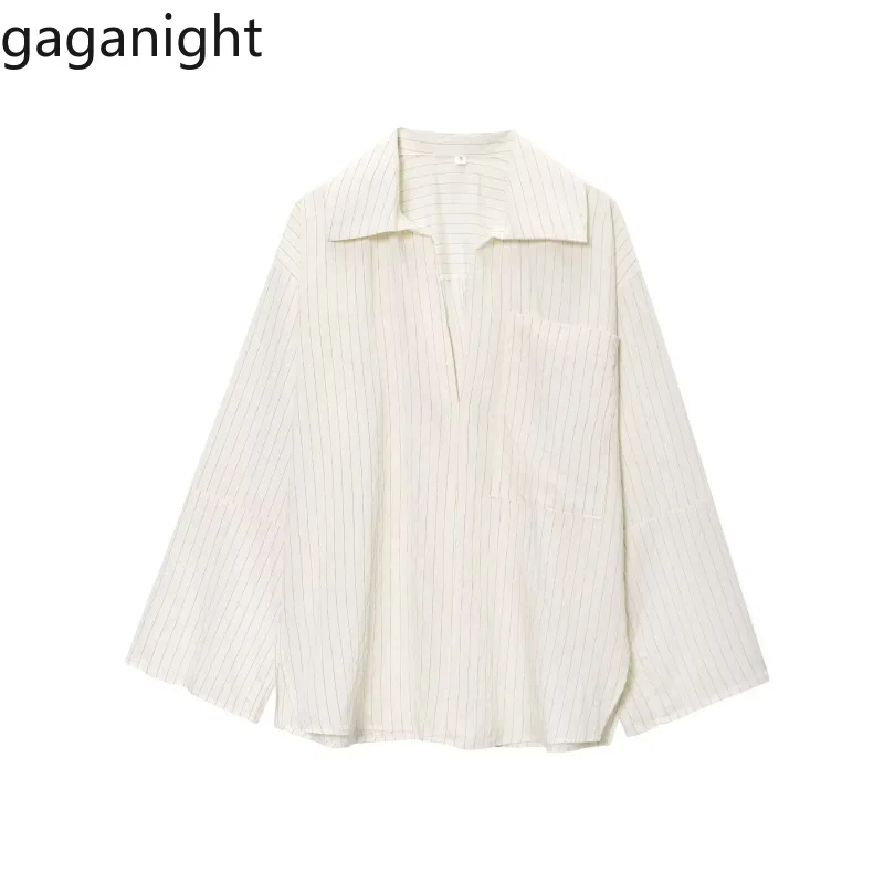 

Gaganight Shirts Women Striped Long Sleeve Loose Split French Style Chic Elegant Turn Down Collar Ladies Blouse Casual Tops