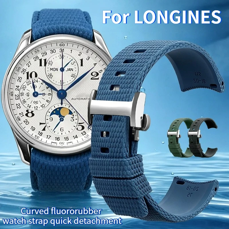 Curved fluororubber watch strap quick detachment for original LONGINES MASTER COLLECTION GMT MOONPHASE CHRONOGRAPH L2 watchband