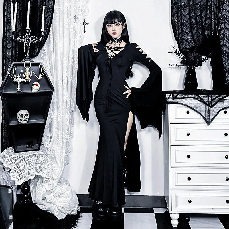 Loween Sexy Slim Fit Witch Dr cintura alta Bat Sve Color puro KTV vestido de noche para ocasiones especiales de mujer
