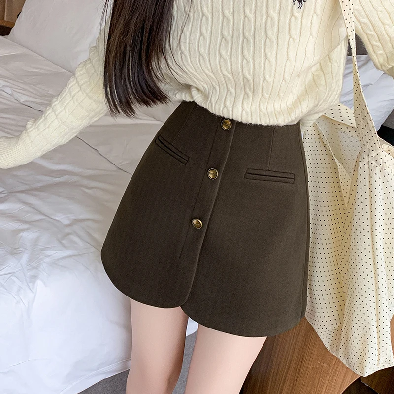

Gray Woolen Shorts Skirts Women Winter High Waist Single Breasted Young Girls Dancing Mini Skirt Black Chic Student A Line Falda