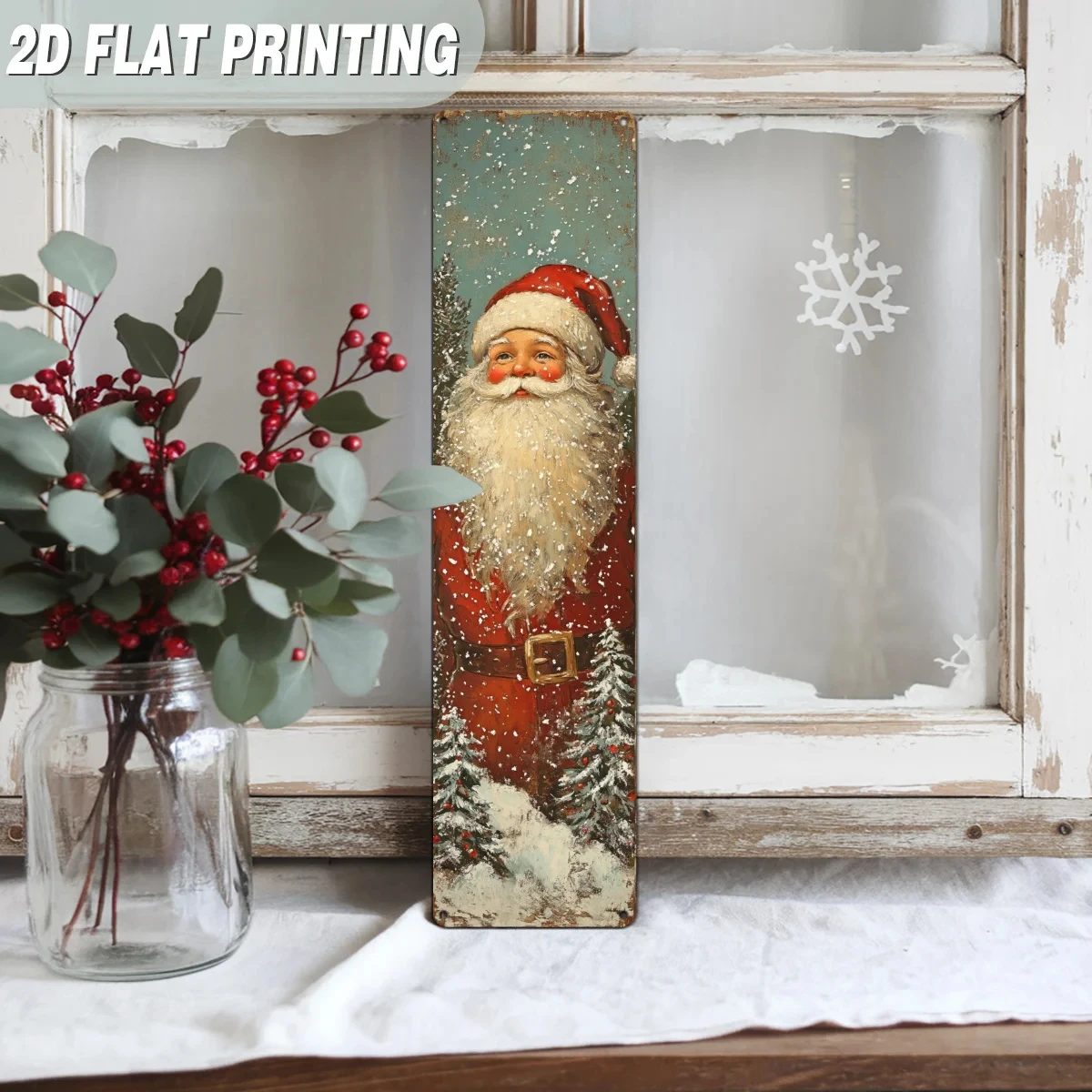 2D Flat, 1 Piece Vintage Santa Claus Metal Wall Decoration - Vintage Christmas Decoration with a Cheerful Sleigh, Wrought Iron Holiday Decoration
