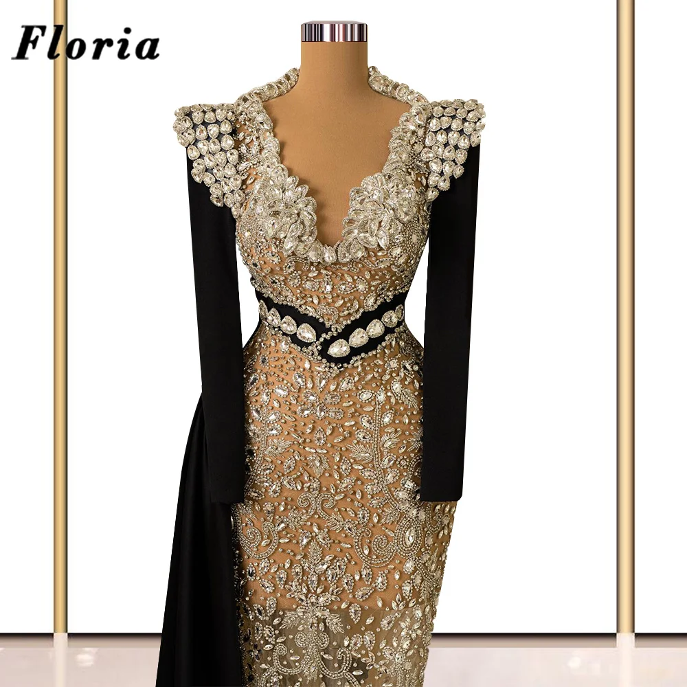 3 Designs Black Cape Sleeves Evening Dresses Middle East Dubai Beaded Crystals Party Dress Prom Engagement Dress Vestido De Gala