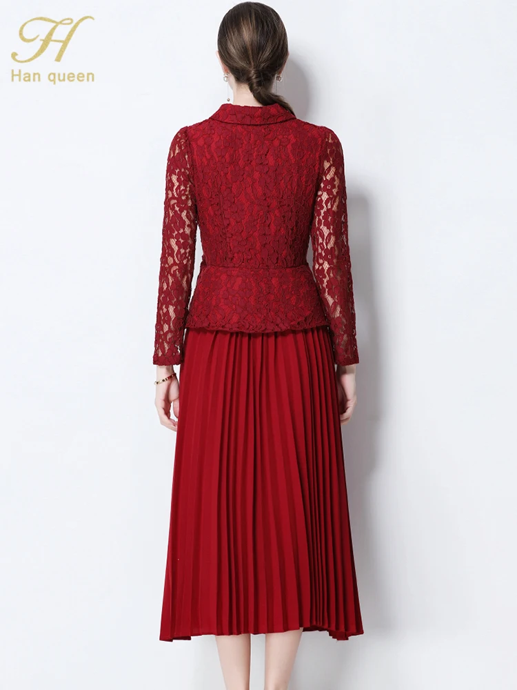 H Han Queen المرأة الخريف المدرج عطلة حفلة موسيقية فساتين النمط الفرنسي وهمية اثنين من الدانتيل المرقعة فساتين مطوي