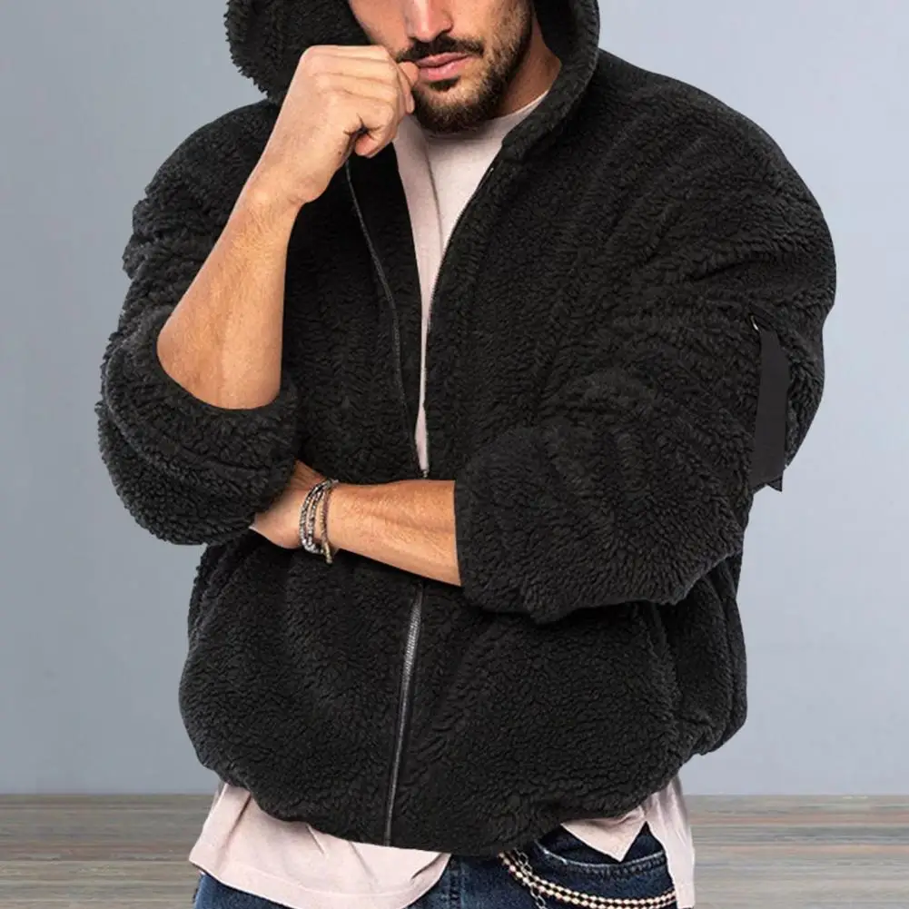 Men Thick Fleece Jacket Men\'s Trendy Fluffy Hooded Coat with Thickened Fleece Zipper Closure Long Sleeves for Winter for Autumn