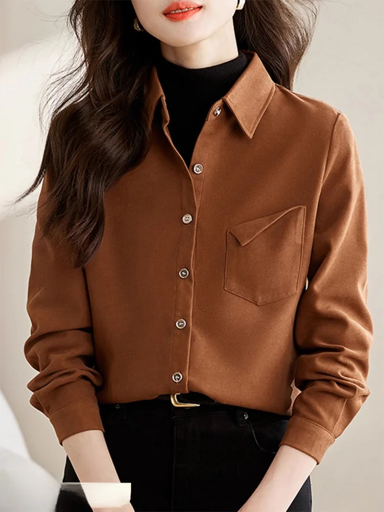 

Thiened Long Sve Floing Corduroy Women's irt Autumn Winter Faion Versatile Layering Collar Button up Top