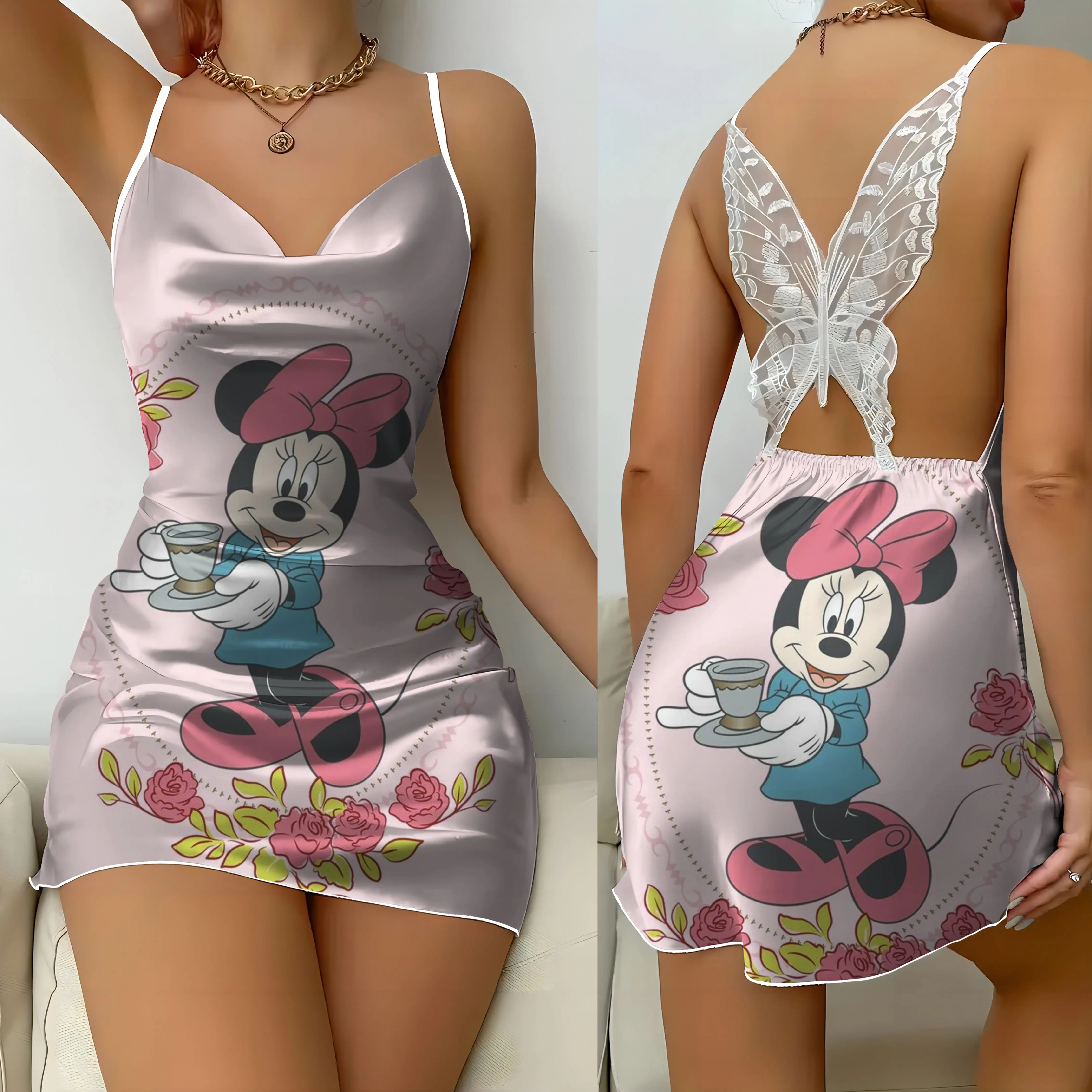 Disney-Minnie Mouse mini-vestido para mulheres, superfície de cetim, saia de pijama sem costas Mickey, sexy e elegante, verão 2024