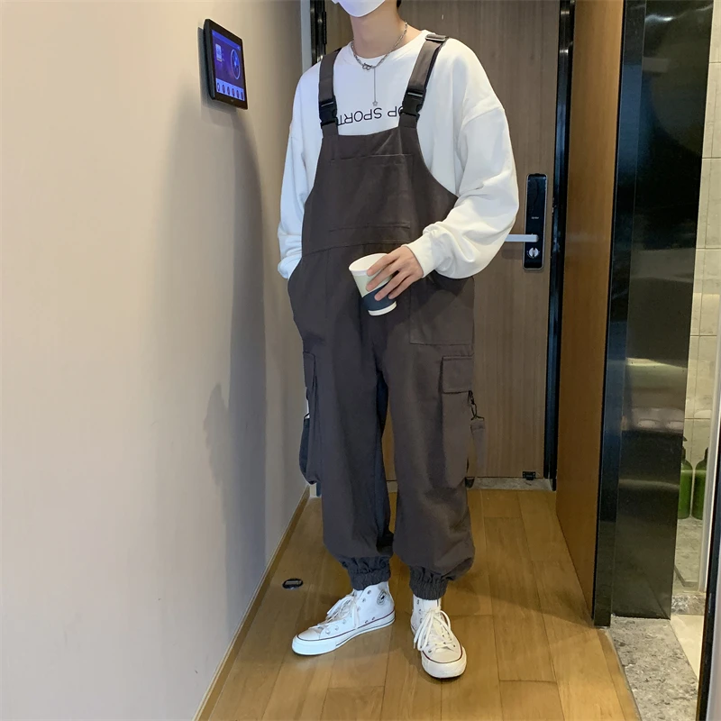 Suspenders Jumpsuit Pants Men Autumn Overalls Japanese Loose Straps Casual Pockets Unisex Oversize Streetwear Solid Man Clothing