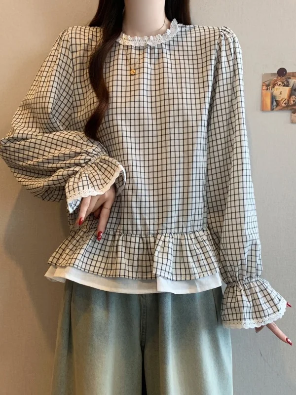 

Korean Sle Plaid Doll irt Women's Spring Large Size Puffy Sves Cheered Blouse Korean Version Loose Fit round Ne