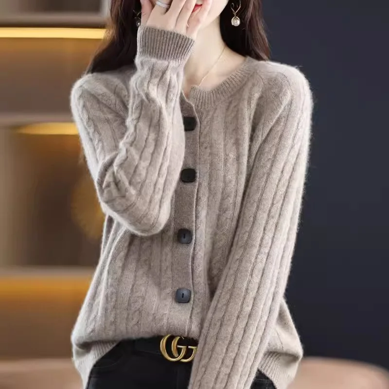 Wool Cardigan Women\'s Spring Autumn New Loose Thicken Knitted Sweater Cashmere Jacket Female Solid color Casual Jacket Top