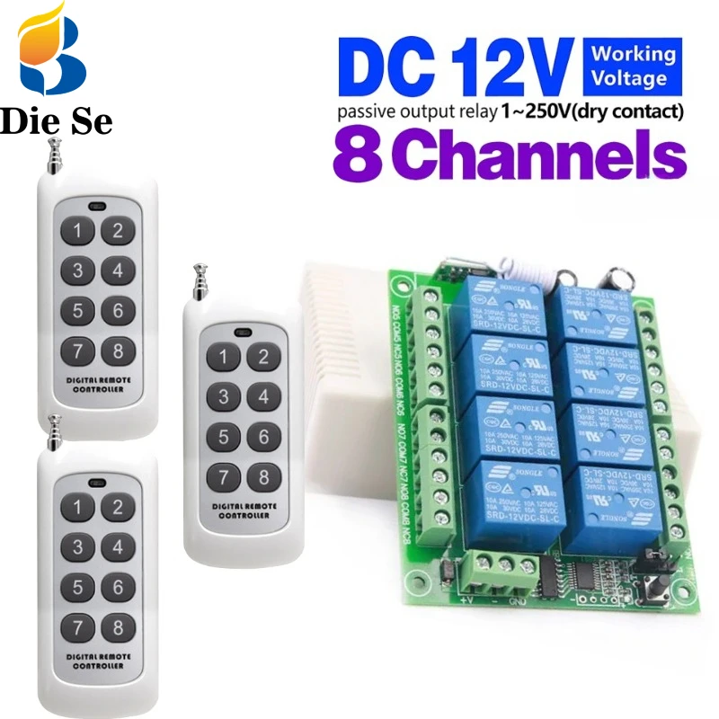 

RF433MHz Wireless Universal Remote Control light siwtch DC 12V 8CH Relay Receiver for home light fan lighting Garage Door Motor