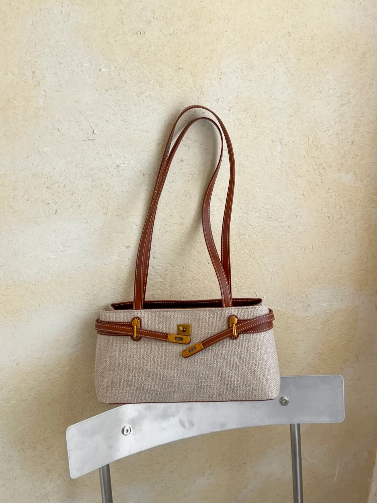 Color Block Underarm Bag Women's Commuter Shoulder Bag Retro Lock Buckle Handbag Versatile Tote Bag for Young Adults