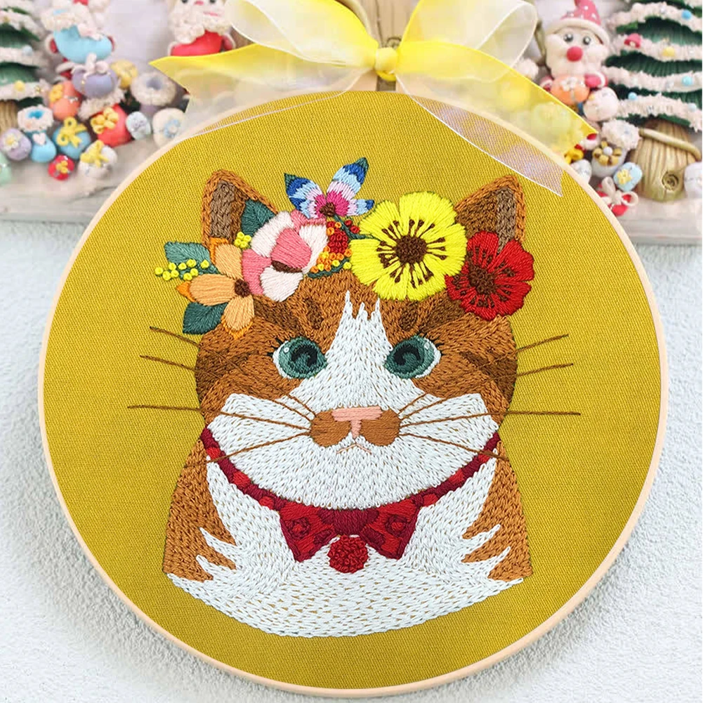 Kits de bordado de ponto cruz carimbados com flor de gato com fio de cor de pano de argola
