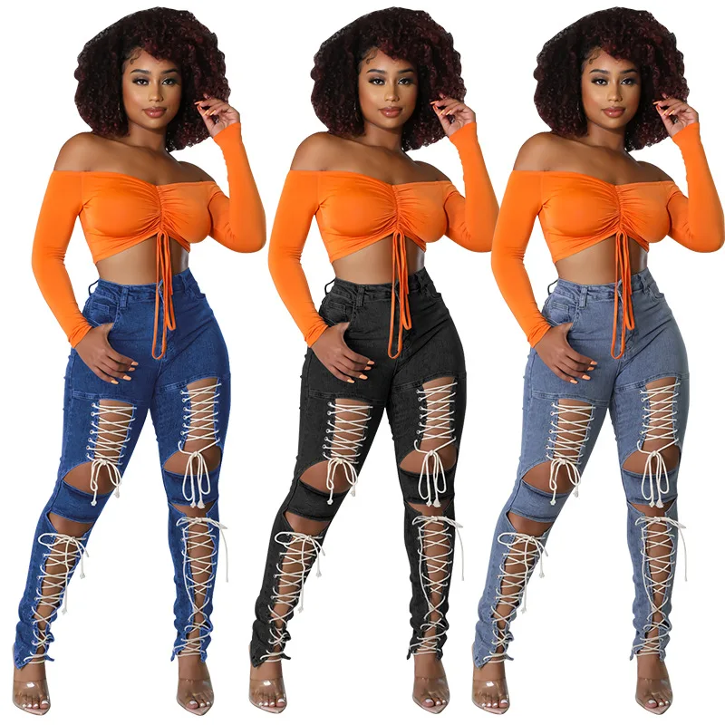 

Holes Women Pencil Jeans Solid Spliced Ripped Jean Distressed High Waist Ankle Length Denim Pants Zipper Fly Vintage Pockets