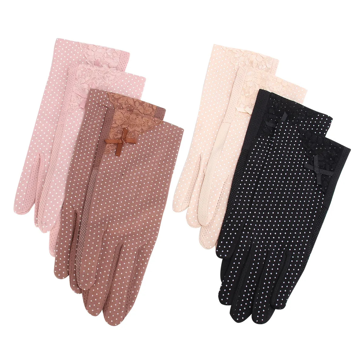 4 pares de guantes de protección solar, guantes finos y transpirables de encaje con pantalla táctil, guantes de protección UV de verano para mujer, negro, beige, café, rosa claro