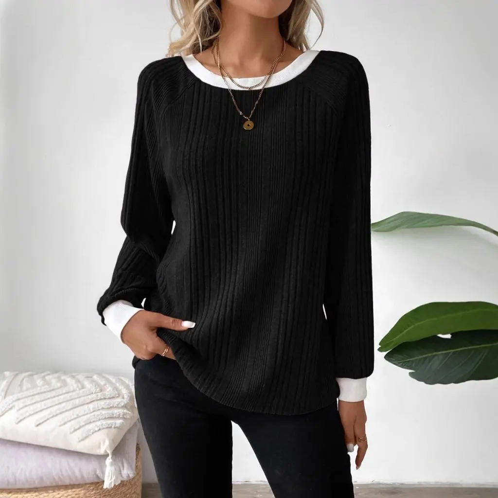 

European And American Style Long Sleeve Solid Color Rib Pit Sweater for Women Autumn/Winter Season Independent Station Fashion