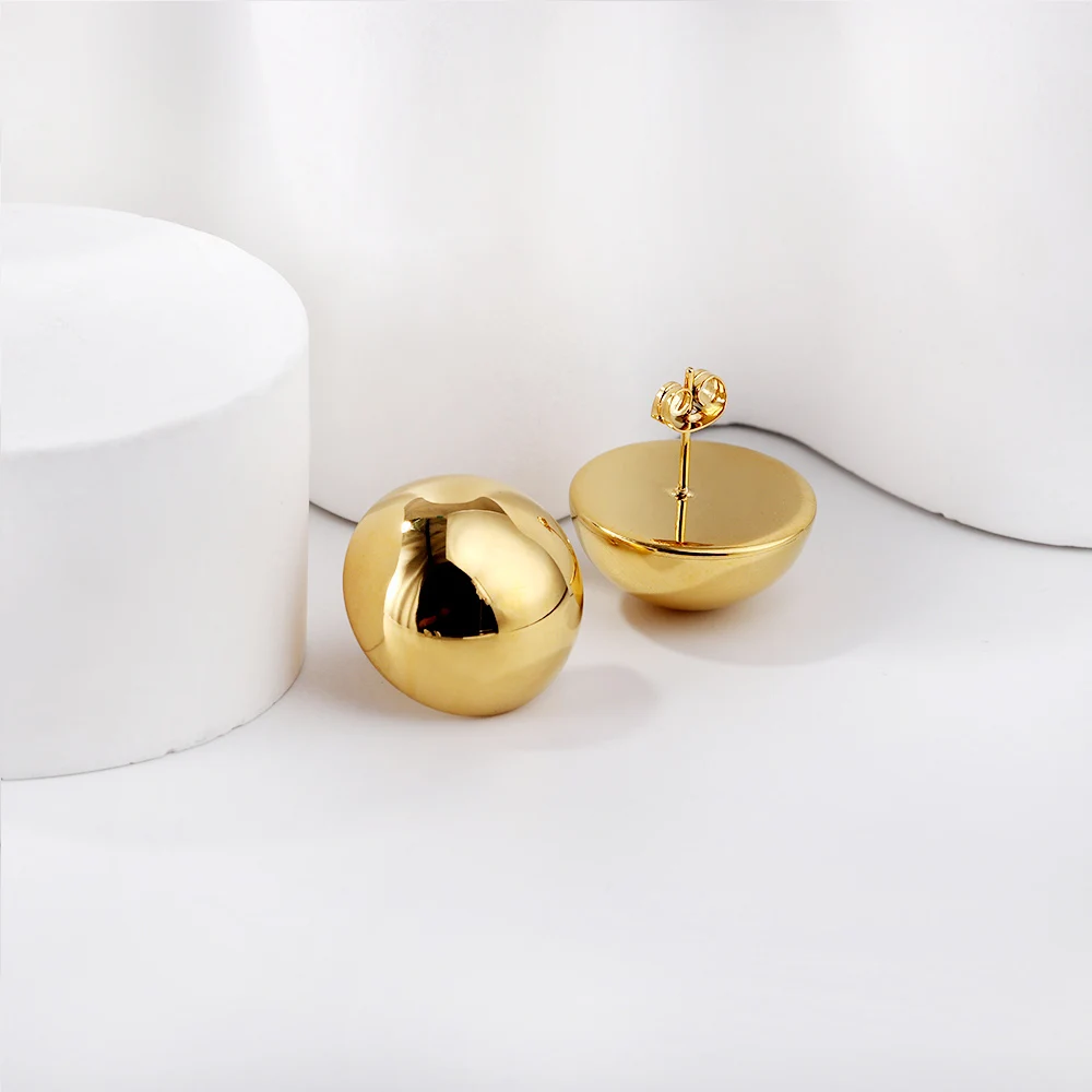 LUXUKISSKIDS Women Round Big Golden Stud Earrings for Party Luxury Water Drop Shape Smooth Chunky aretes Steel Geometric Jewelry