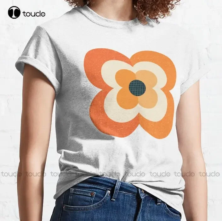 Retro Flowers - Orange And Charcoal Classic T-Shirt Vintage Flower Pattern Custom Shirt Outdoor Simple Vintag Casual T Shirts