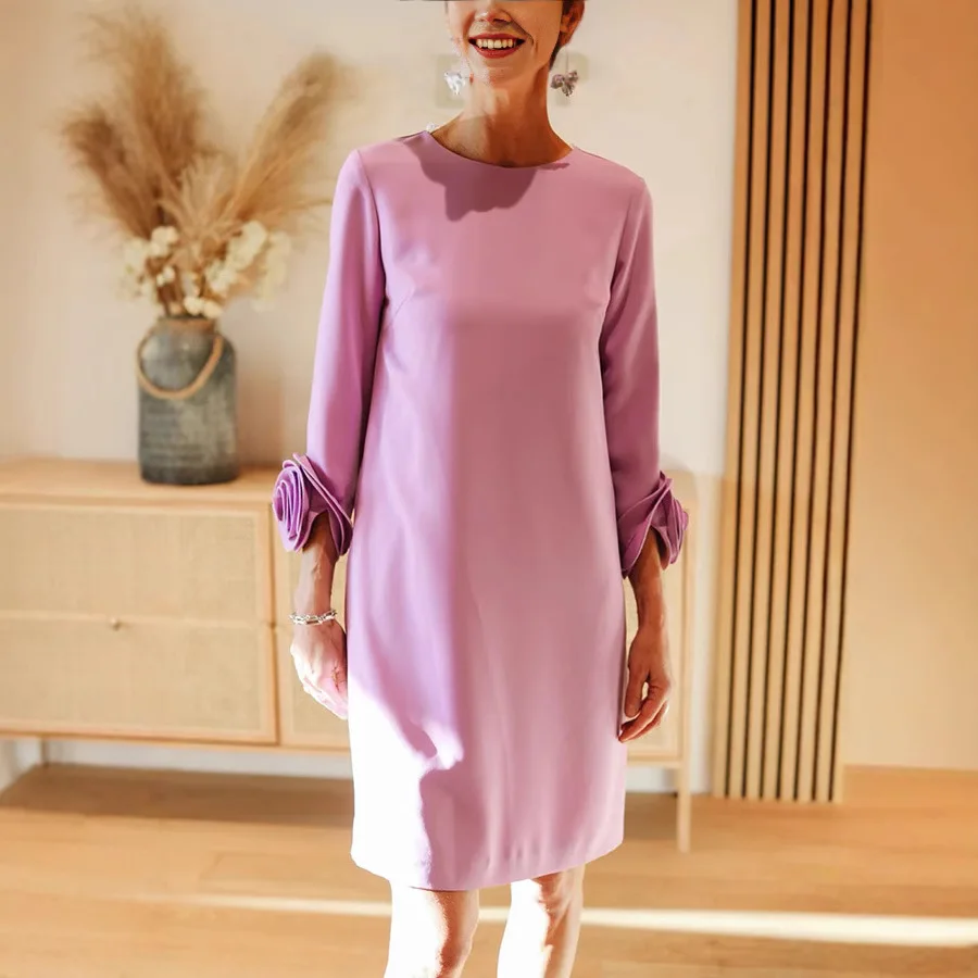 Europese en Amerikaanse dameskleding ronde hals negenkwart mouw bloemdecoratie effen kleur jurk casual