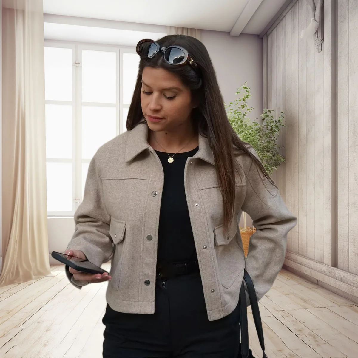 

New spring women's pure-color jacket with button front pockets decoration, elegant and casual long-sleeved coat