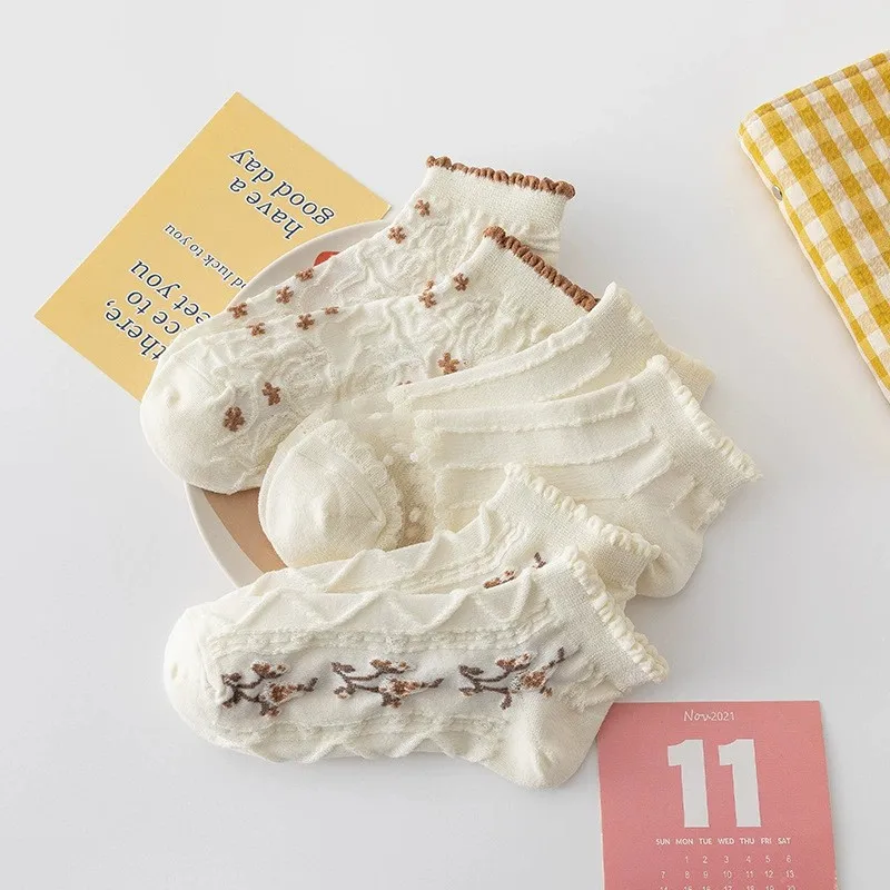 5/10 Pairs Women Flower Patterned Thin Boat Socks Fashionable Spring Summer Pleated Edge Mesh Breathable Sweet Style Casual Sock