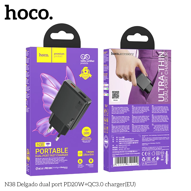 HOCO N38 20W USB A caricabatterie portatile tipo C QC3.0 supporto per caricabatterie PD ricarica rapida per iPhone 15 Pro Max Xiaomi Huawei Charger