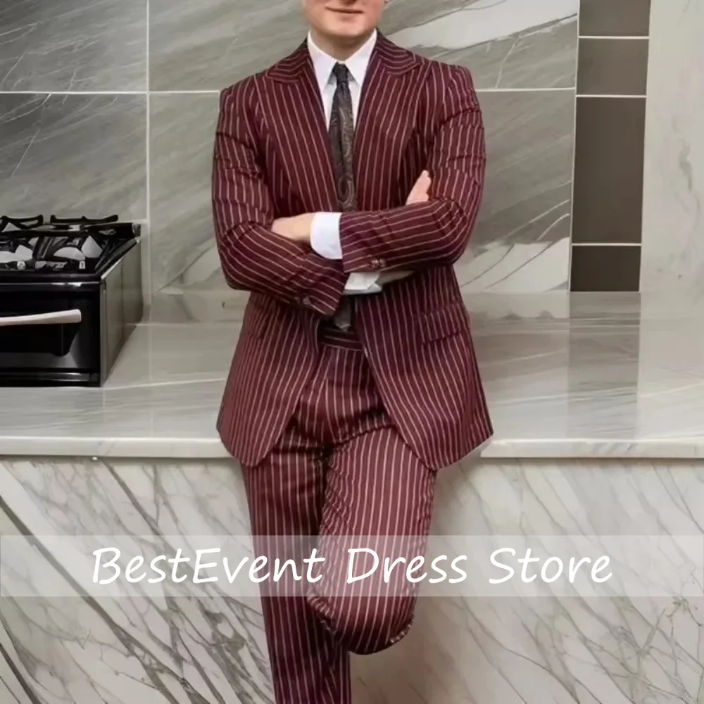 Formal Burgundy Stripes Business Stylish Casual Single Breasted Suit 3 Piece Wedding For Men Office Work Party Prom Customized