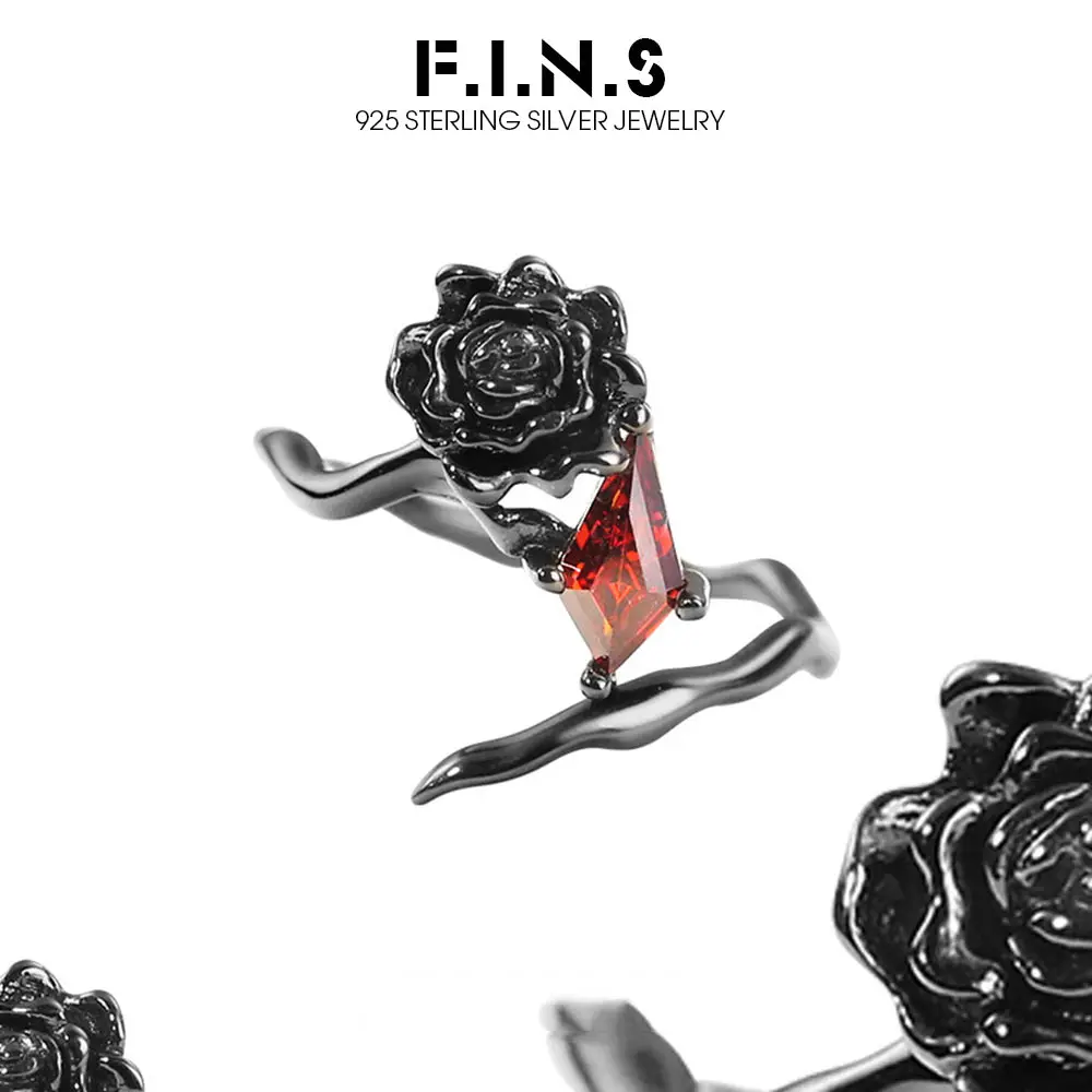 

F.I.N.S Pure S925 Sterling Silver Black Rose Ring Women Retro Old Red Zircon Adjustable Index Finger Fine Jewelry Accessories